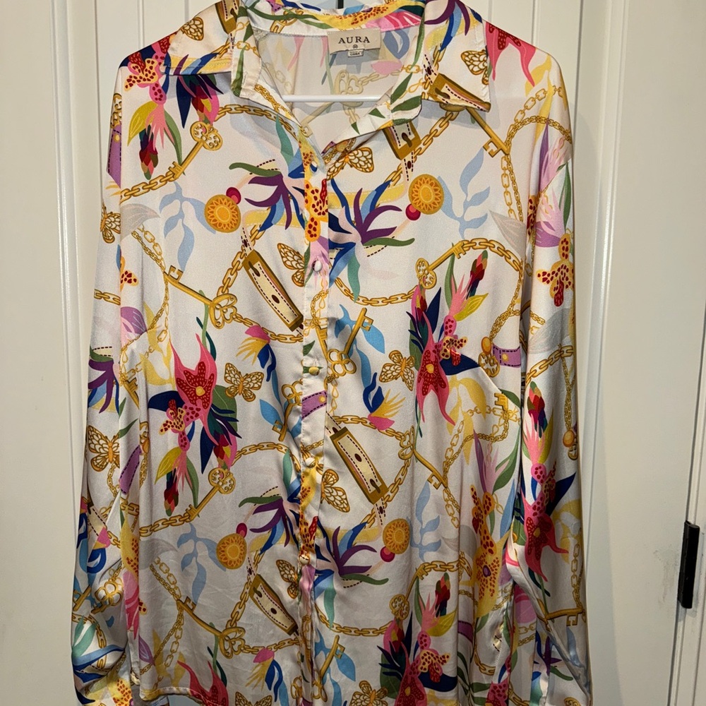 Aura Multi Colored Silky Button Down Shirt, Medium